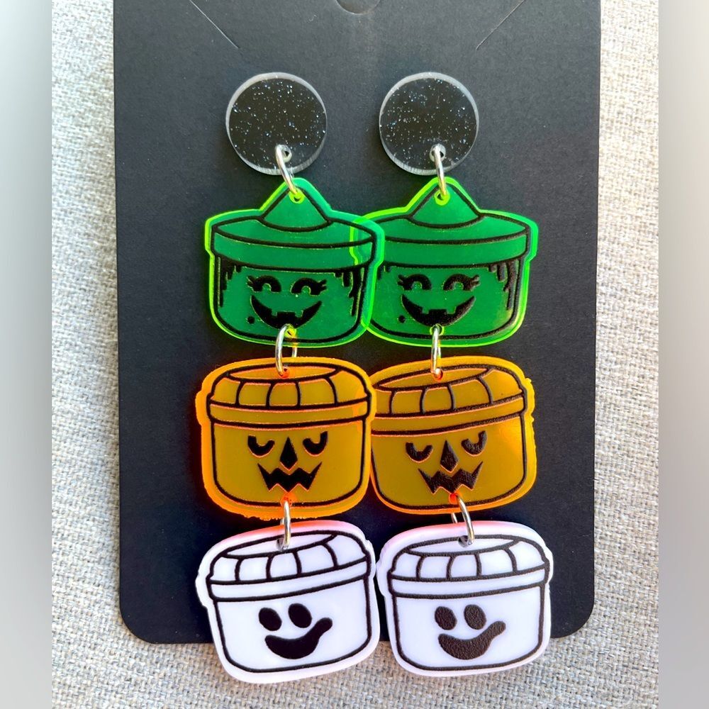 Nostalgic Halloween Themed Acrylic Earrings shaped like candy buckets from past